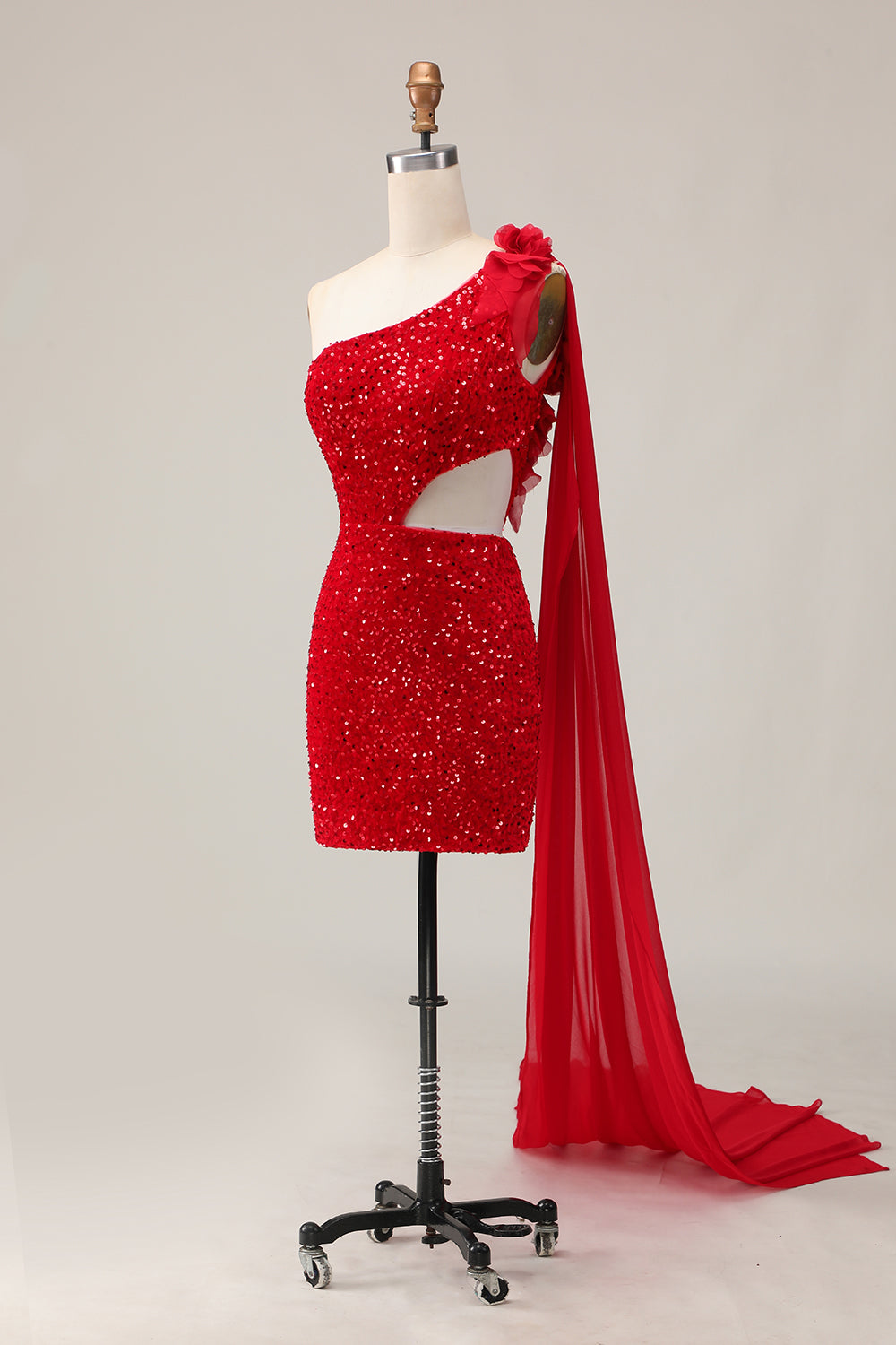 Sparkly Sequins One Shoulder Cut Out Tight Short Red Homecoming Dress with Streamer