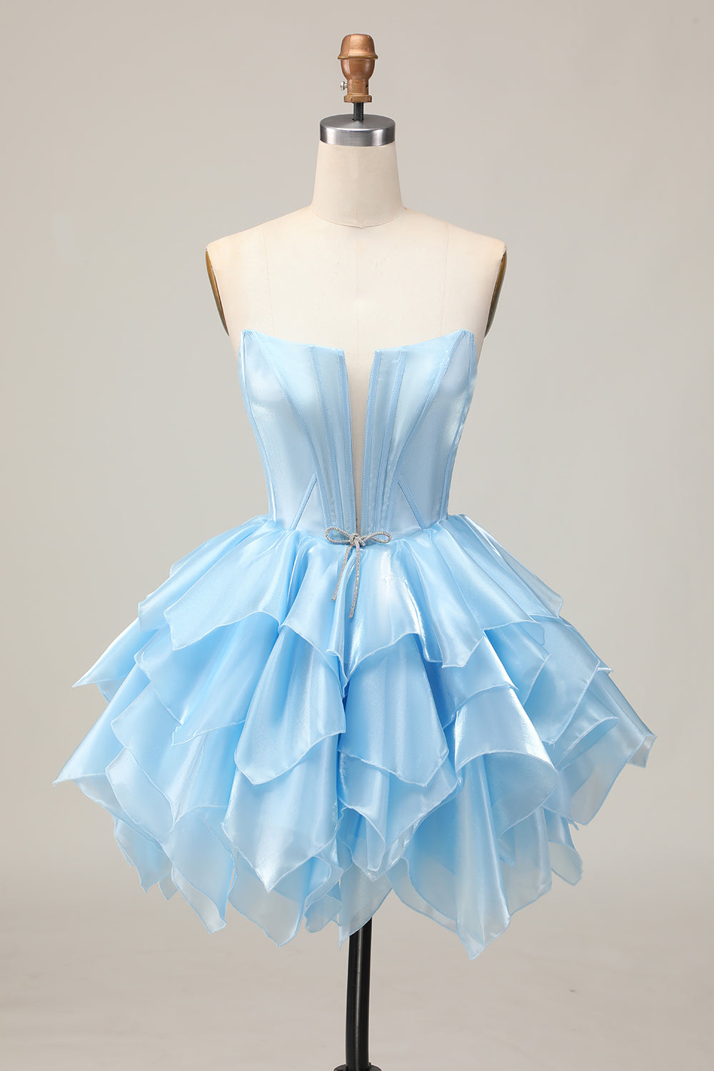 Blue Tiered Corset A Line Strapless Homecoming Dress with Lace Up Back