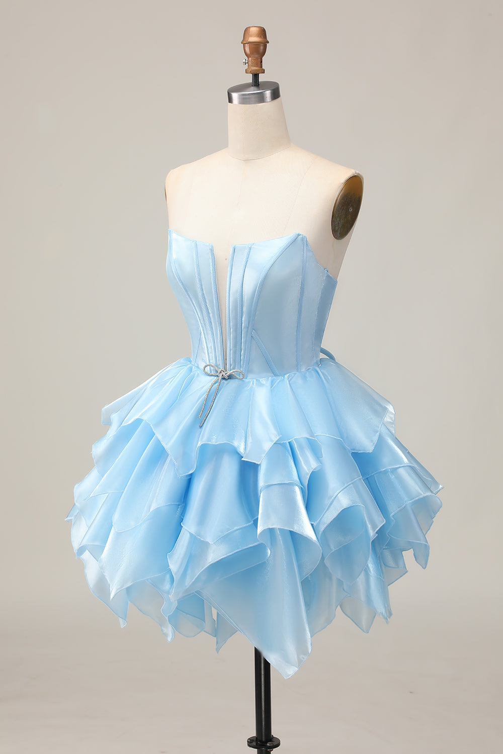 Blue Tiered Corset A Line Strapless Homecoming Dress with Lace Up Back