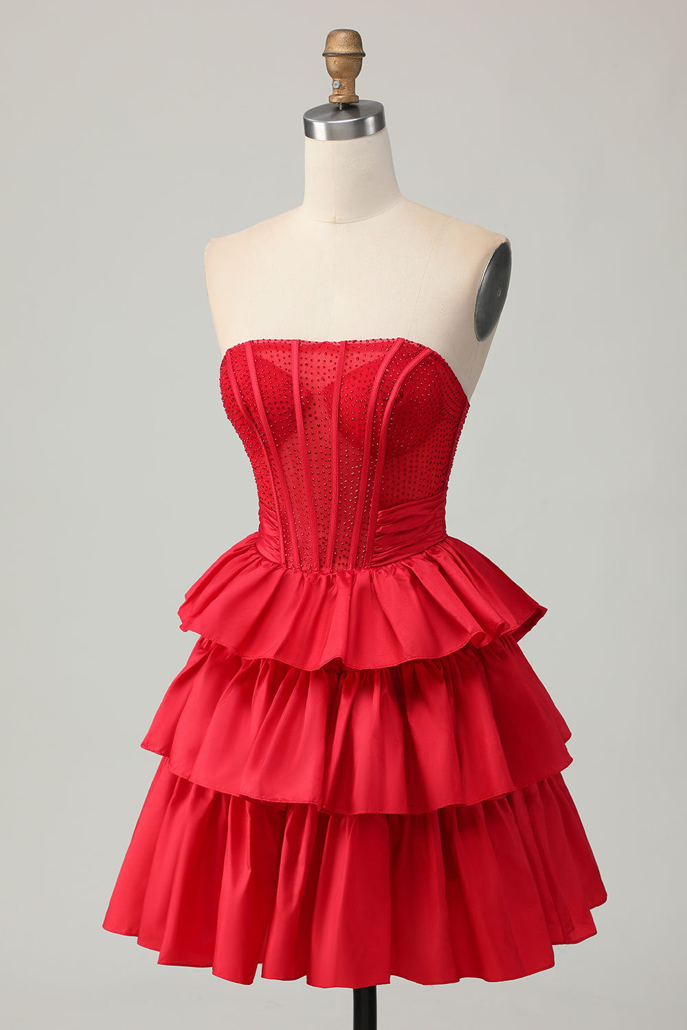 Green A-line Strapless Tiered Corset Beaded Short Homecoming Dress with Bow