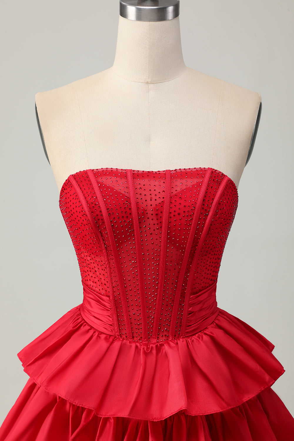 Red Strapless A-line Tiered Corset Beaded Short Homecoming Dress with Bow