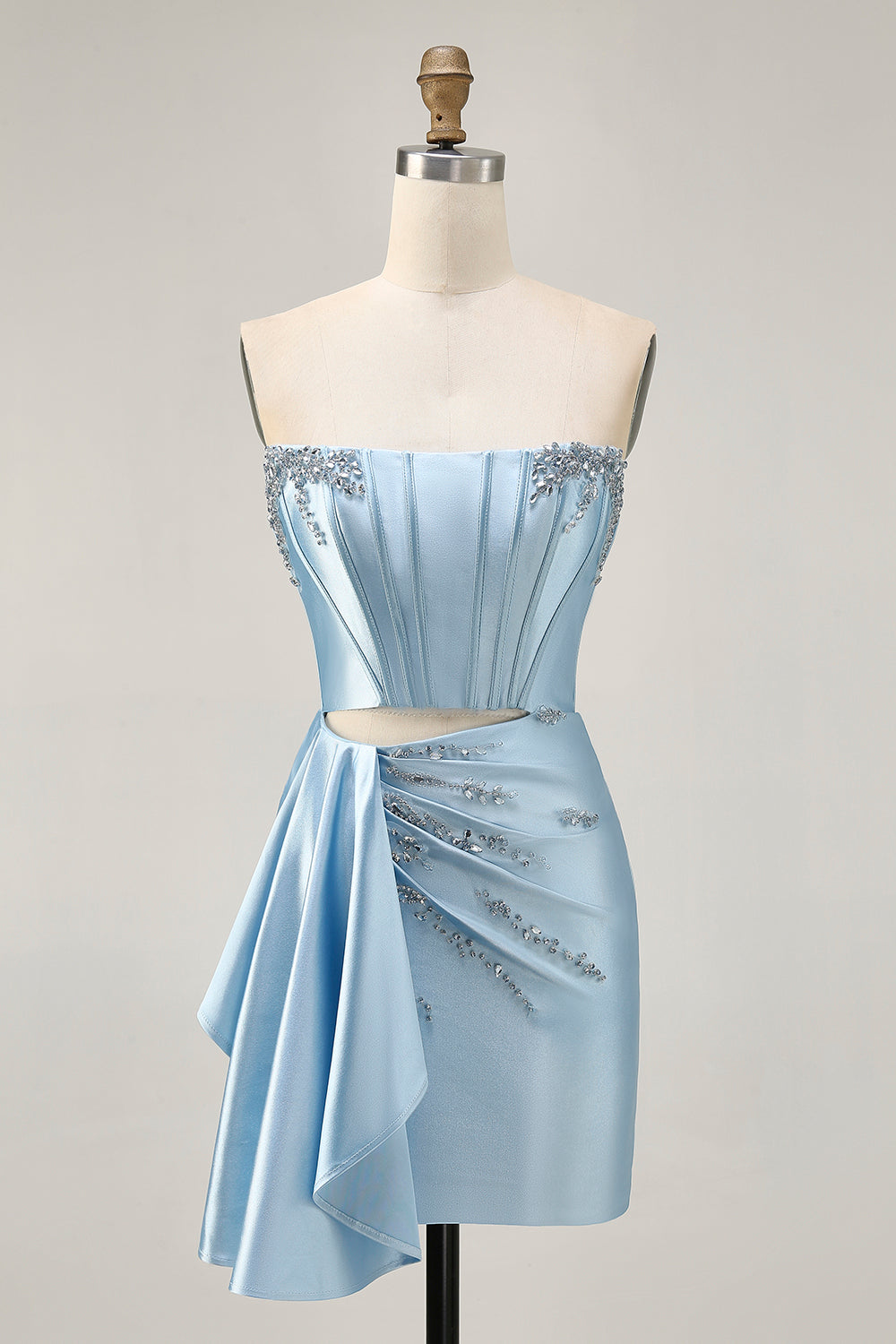 Blue Beaded Corset Tight Cut Out Satin Homecoming Dress with Streamer