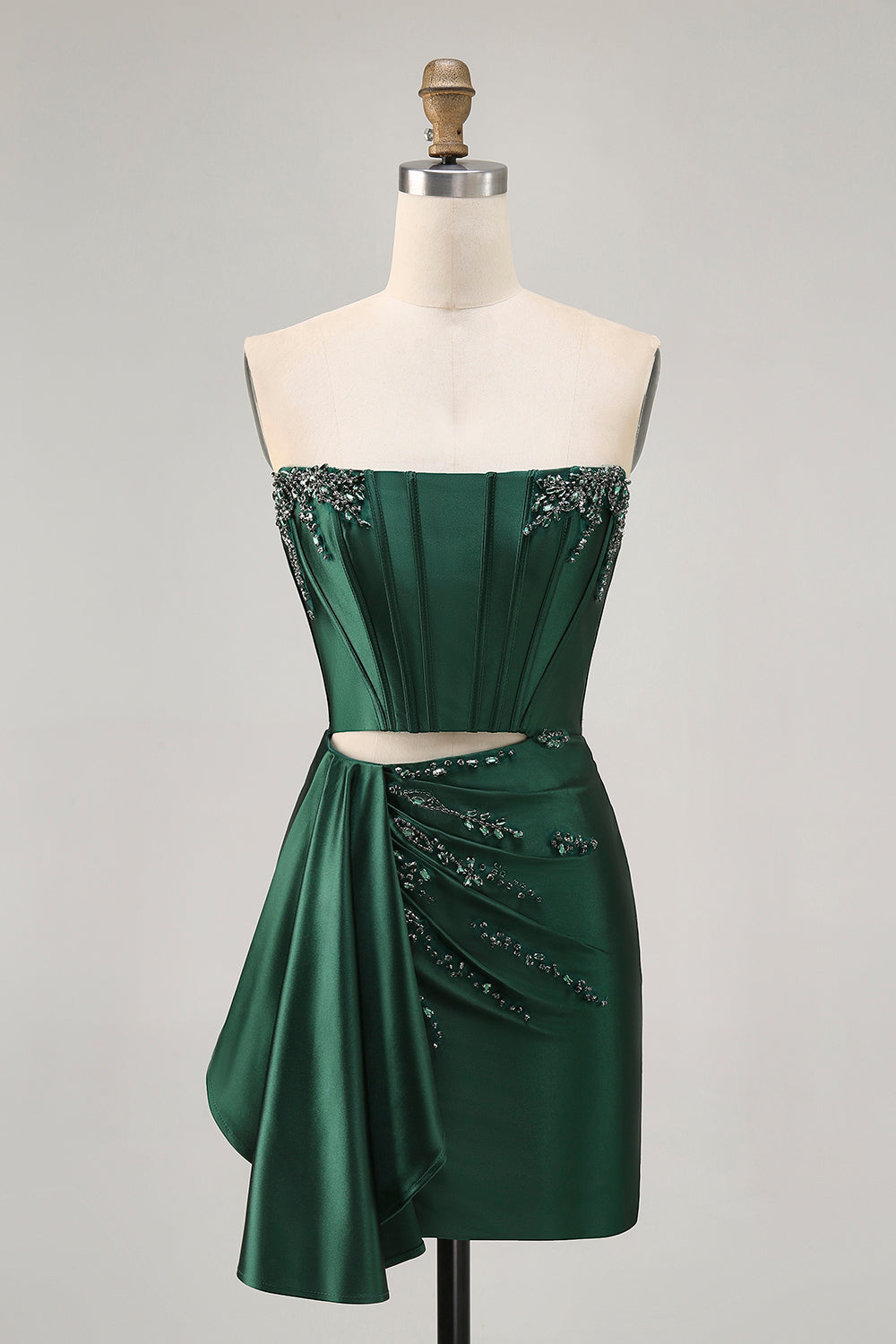 Blue Beaded Corset Tight Cut Out Satin Homecoming Dress with Streamer