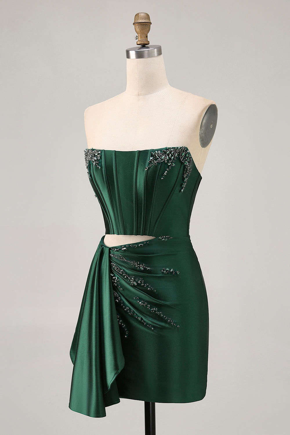 Blue Beaded Corset Tight Cut Out Satin Homecoming Dress with Streamer