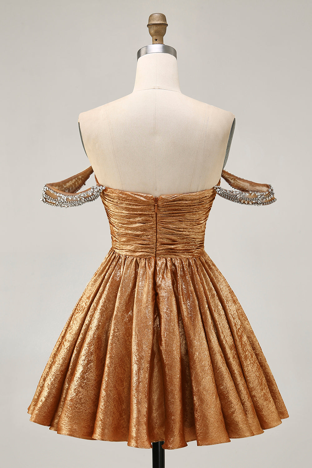 Metallic A-Line Off The Shoulder Beaded Ruched Golden Homecoming Dress
