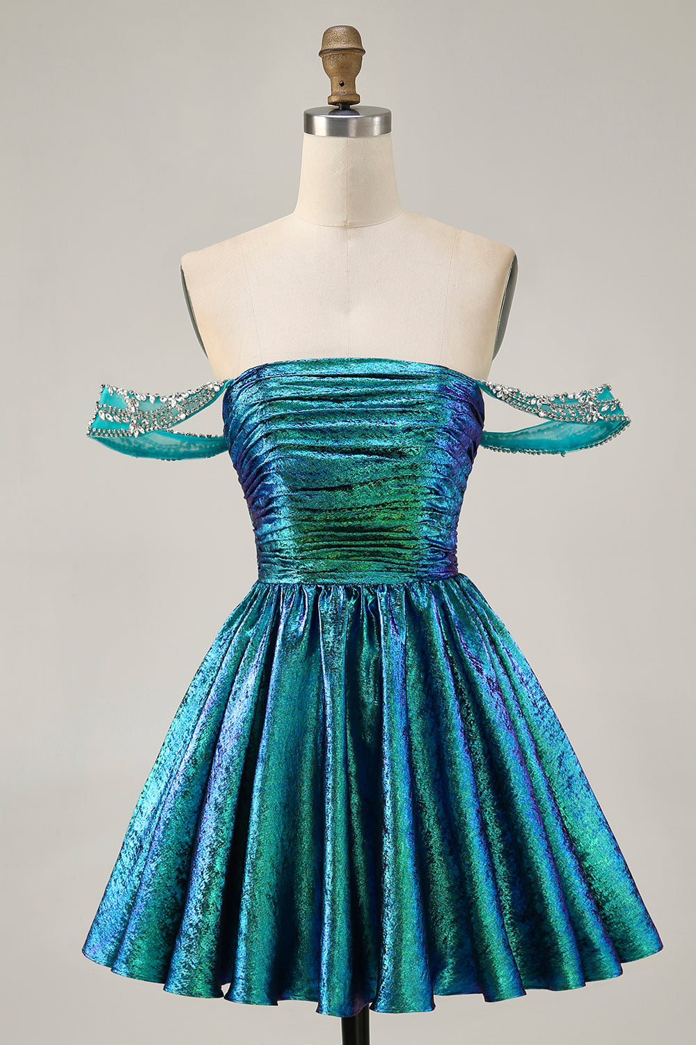 Metallic A-Line Off The Shoulder Beaded Ruched Golden Homecoming Dress