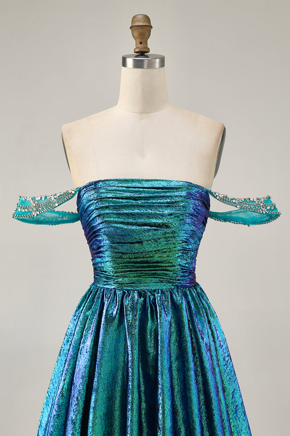 Metallic A-Line Off The Shoulder Beaded Ruched Golden Homecoming Dress