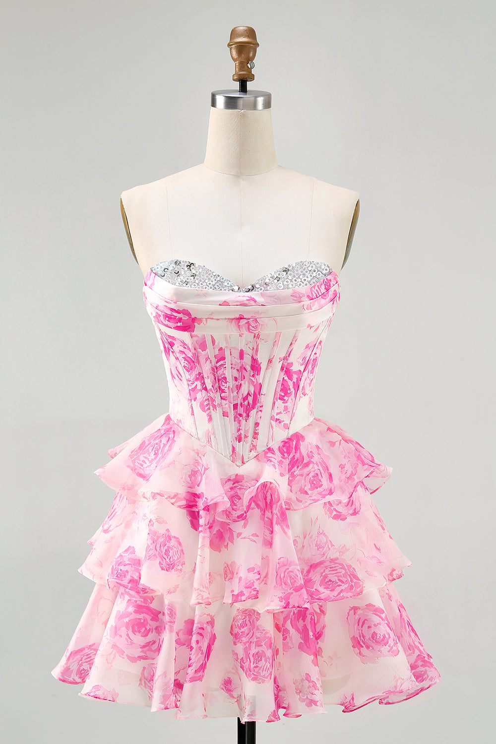 A-line White Blue Flower Strapless Corset Tiered Short Homecoming Dress with Sequins