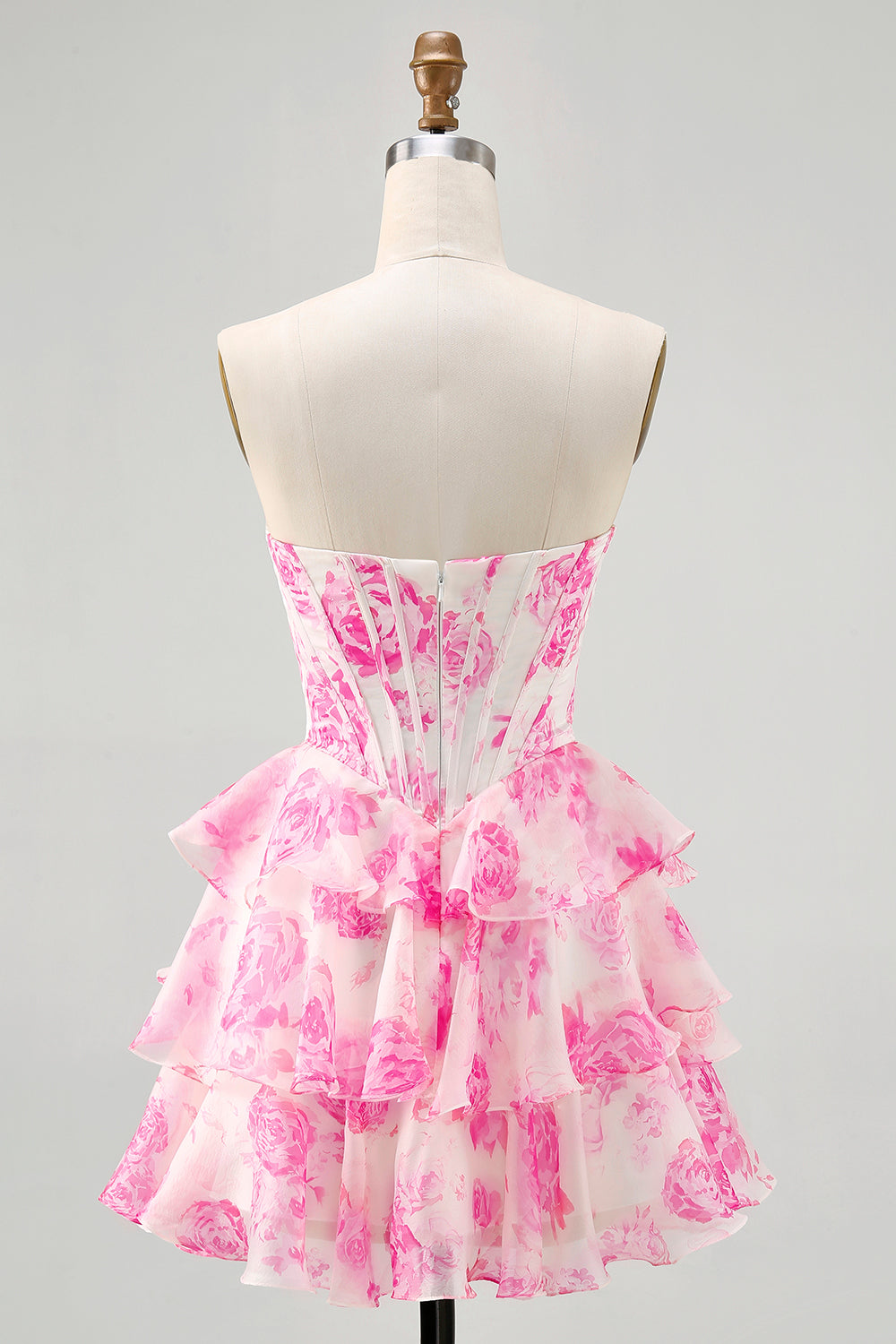 A-line White Blue Flower Strapless Corset Tiered Short Homecoming Dress with Sequins