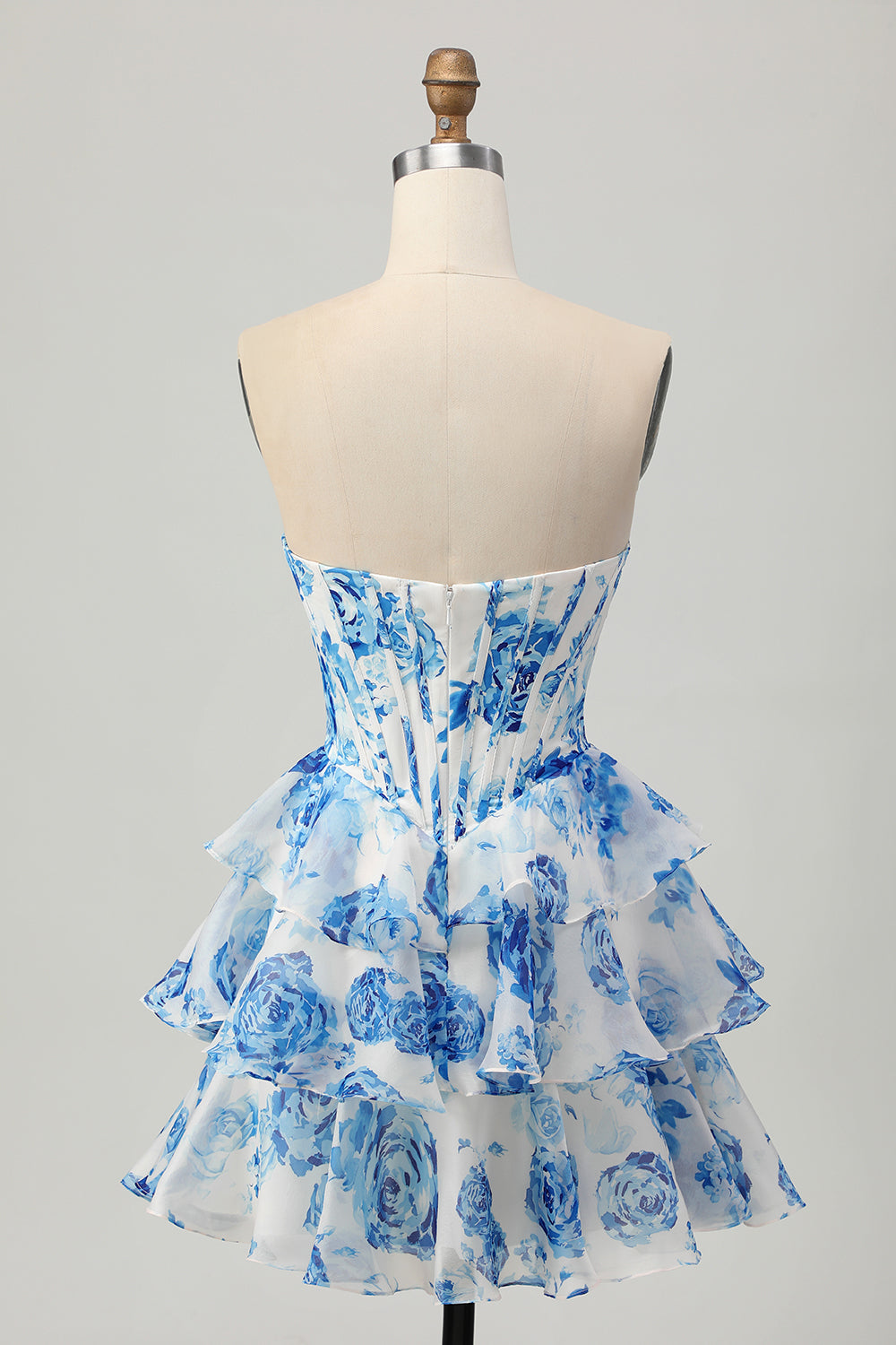 A-line White Blue Flower Strapless Corset Tiered Short Homecoming Dress with Sequins