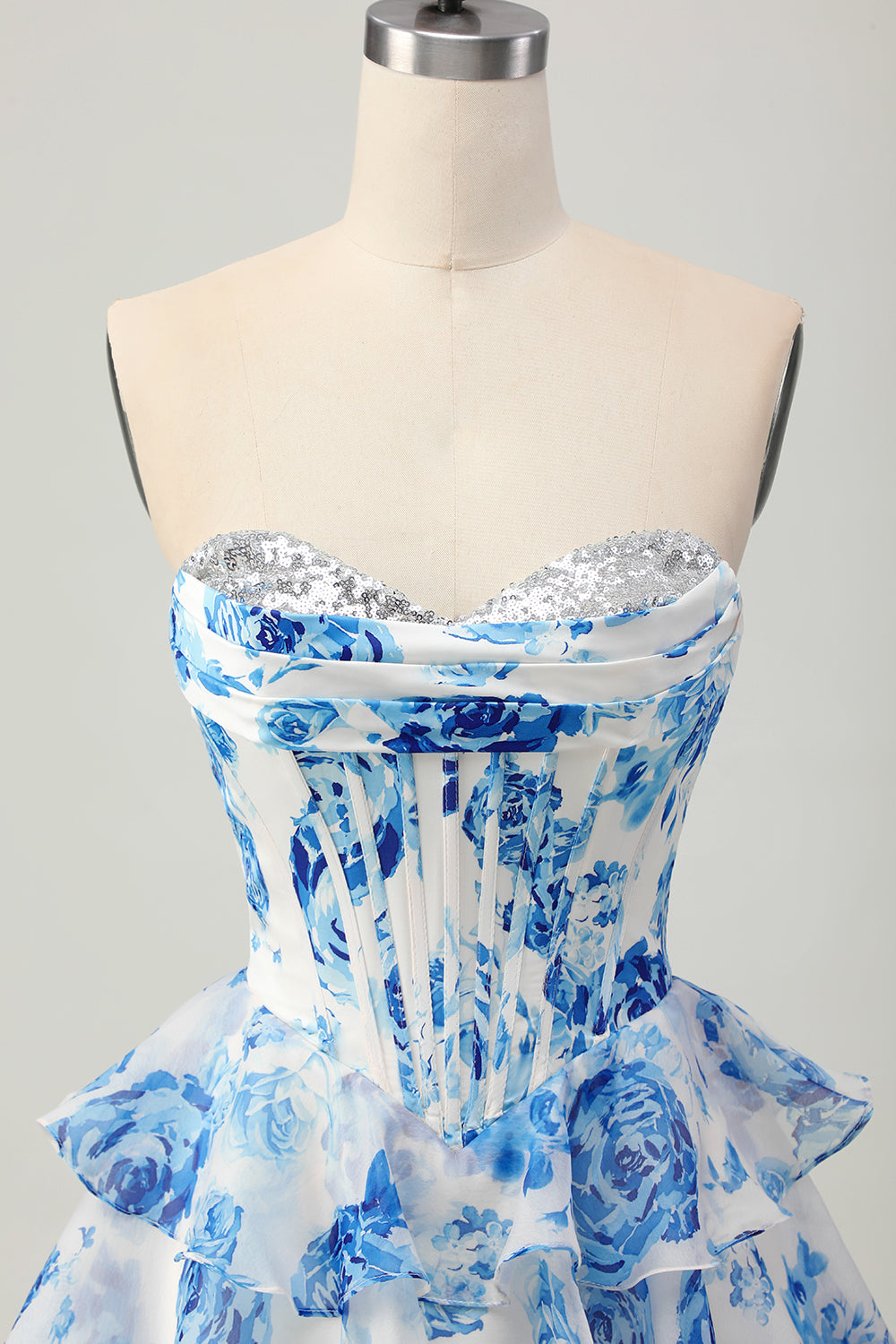 A-line White Blue Flower Strapless Corset Tiered Short Homecoming Dress with Sequins