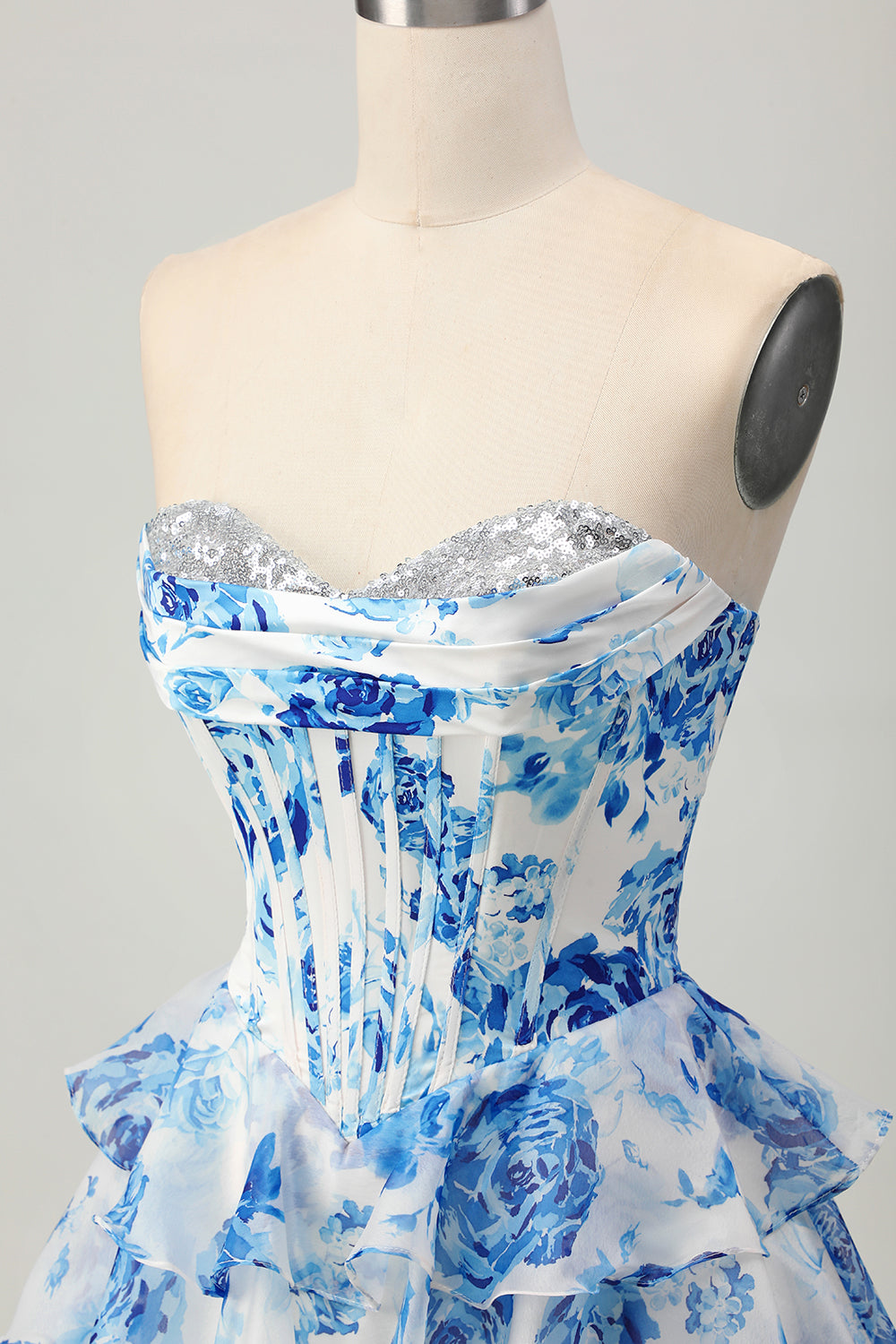 A-line White Blue Flower Strapless Corset Tiered Short Homecoming Dress with Sequins