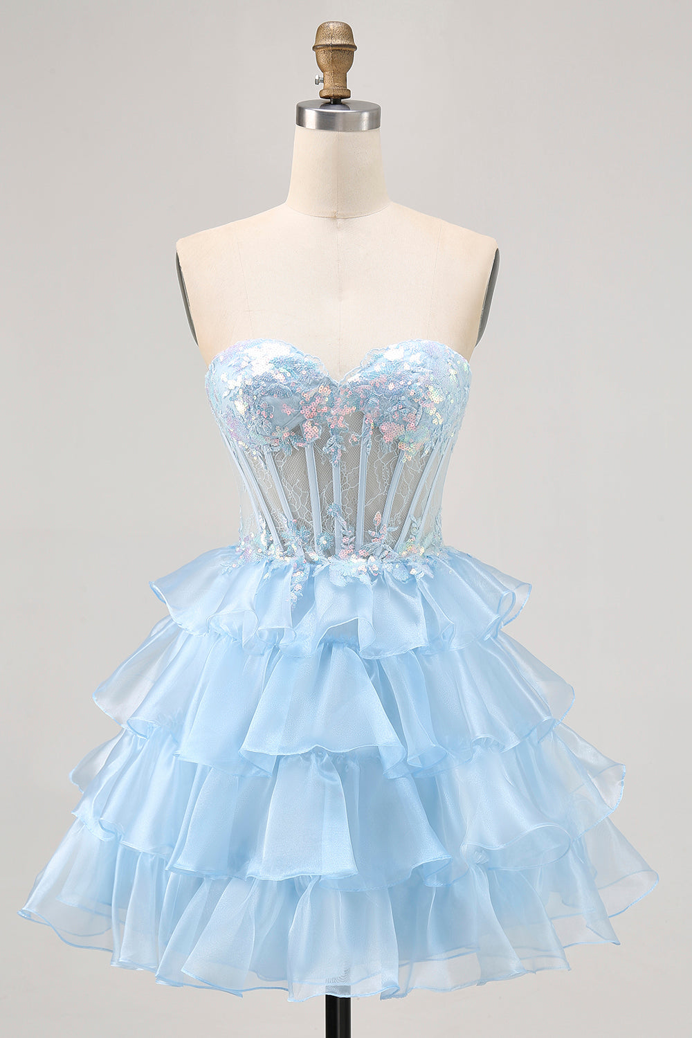 Tiered Sequin Blue Strapless Corset Homecoming Dress