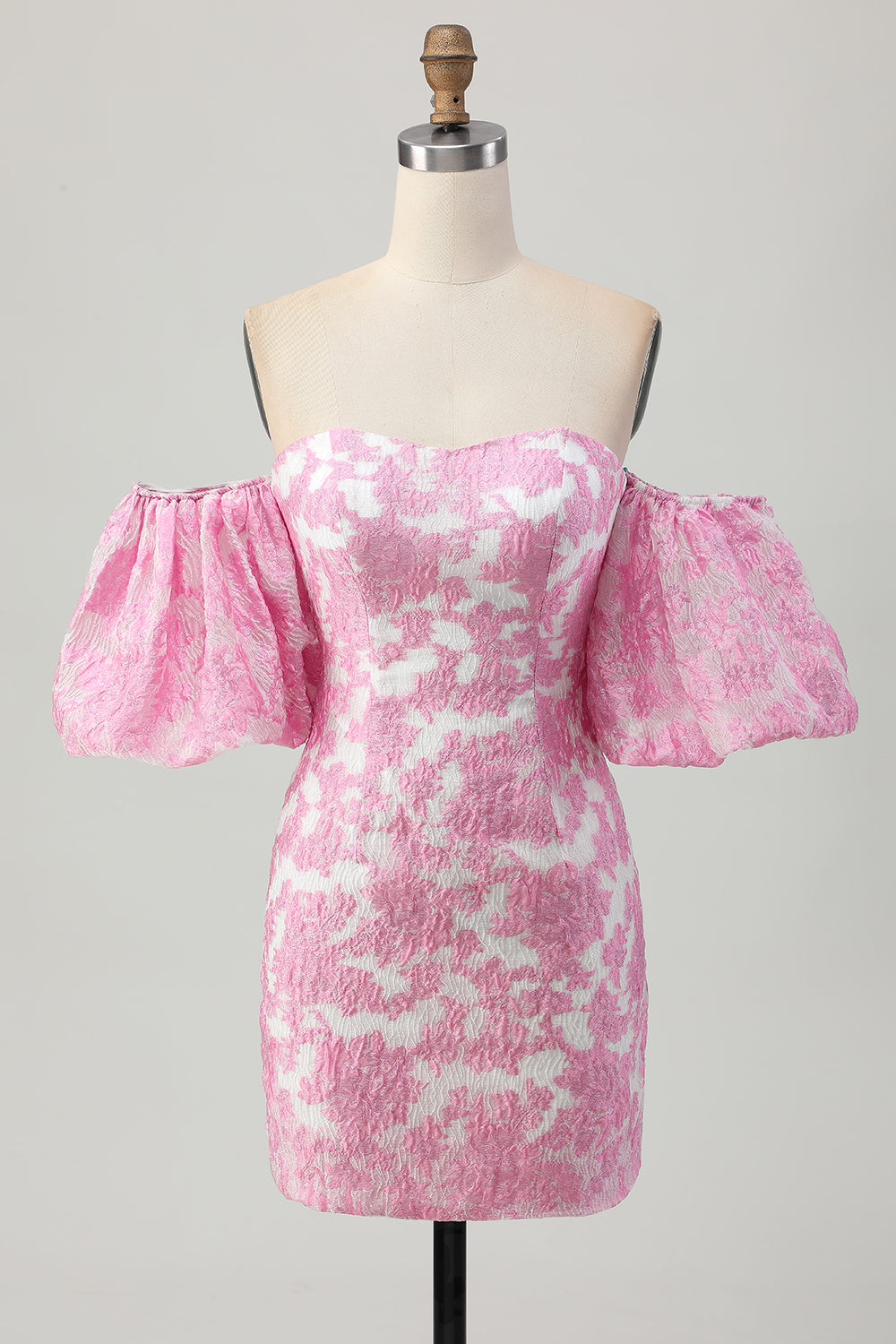 Strapless Floral Textured Pink Homecoming Dress with Puff Sleeves