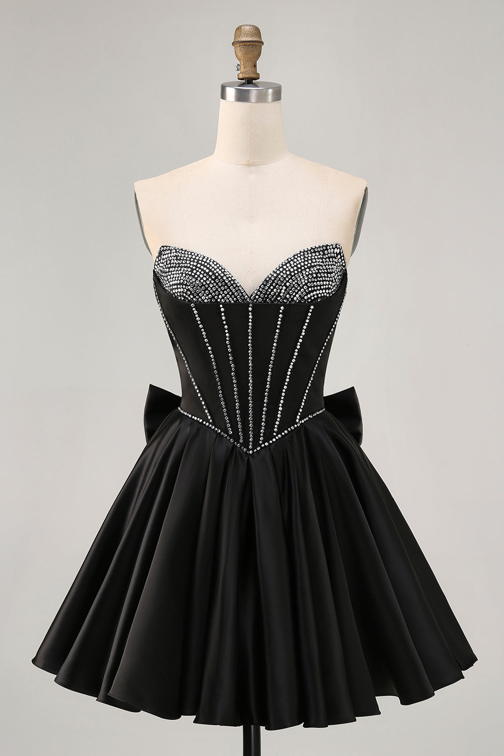 Black A-Line Strapless Beaded Short Homecoming Dress with Bow