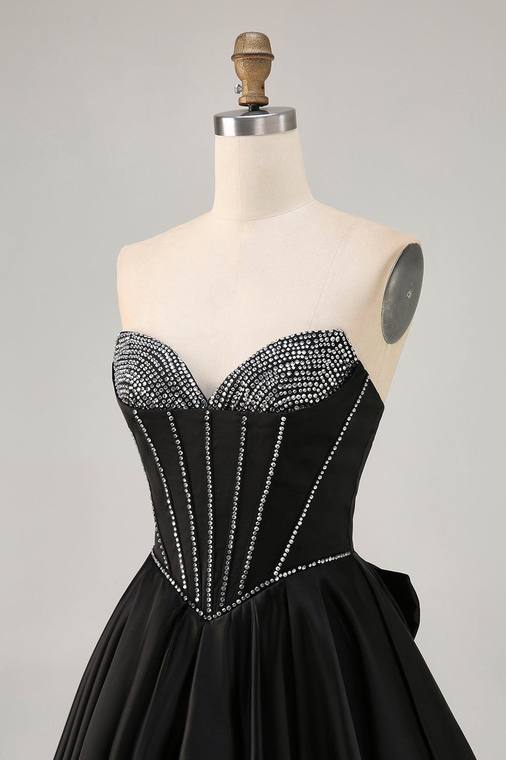 Black A-Line Strapless Beaded Short Homecoming Dress with Bow