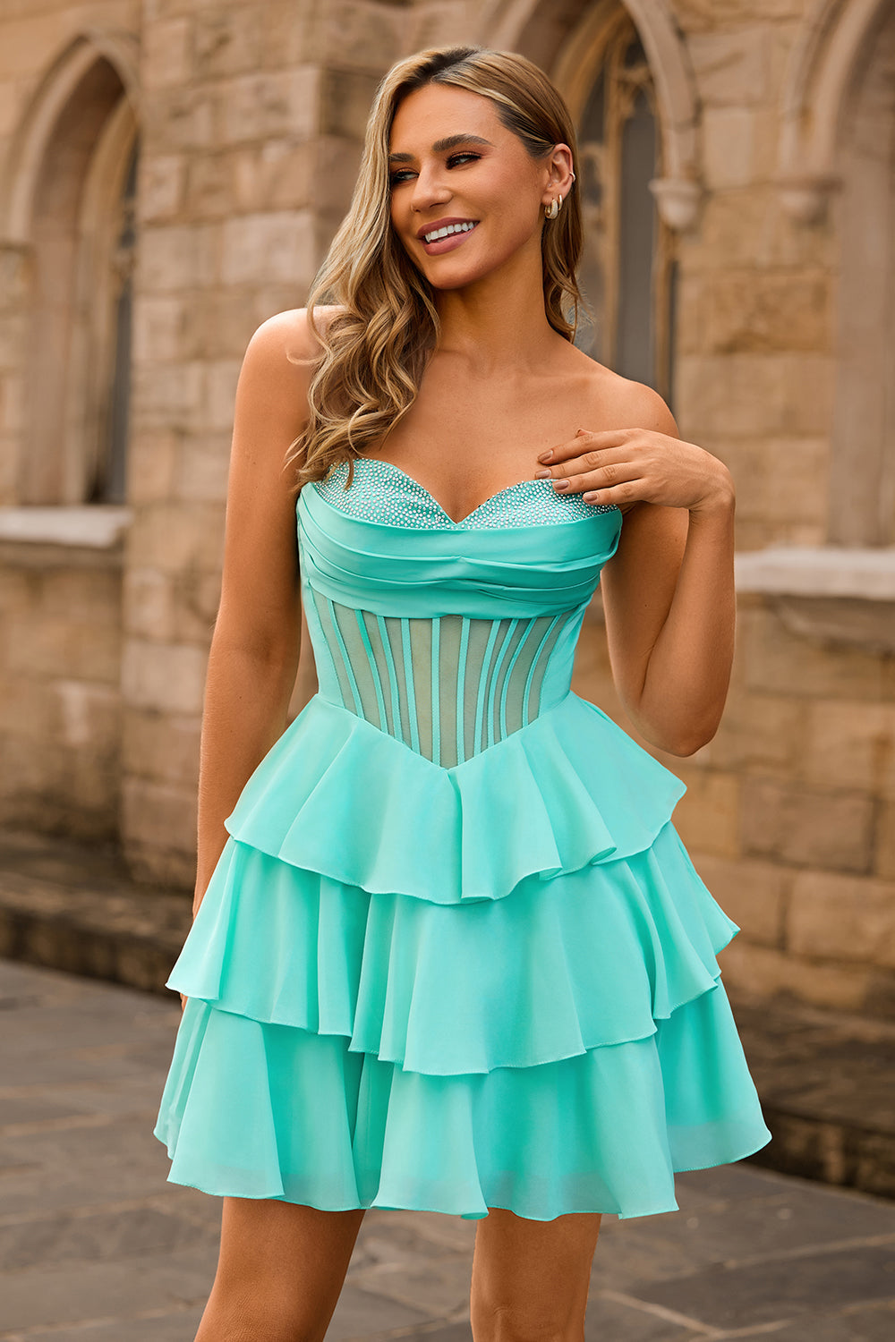 Strapless Corset A Line Green Homecoming Dress with Beading
