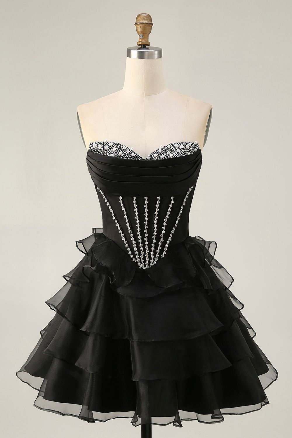 Black Strapless Corset Tiered A Line Short Homecoming Dress with Beading