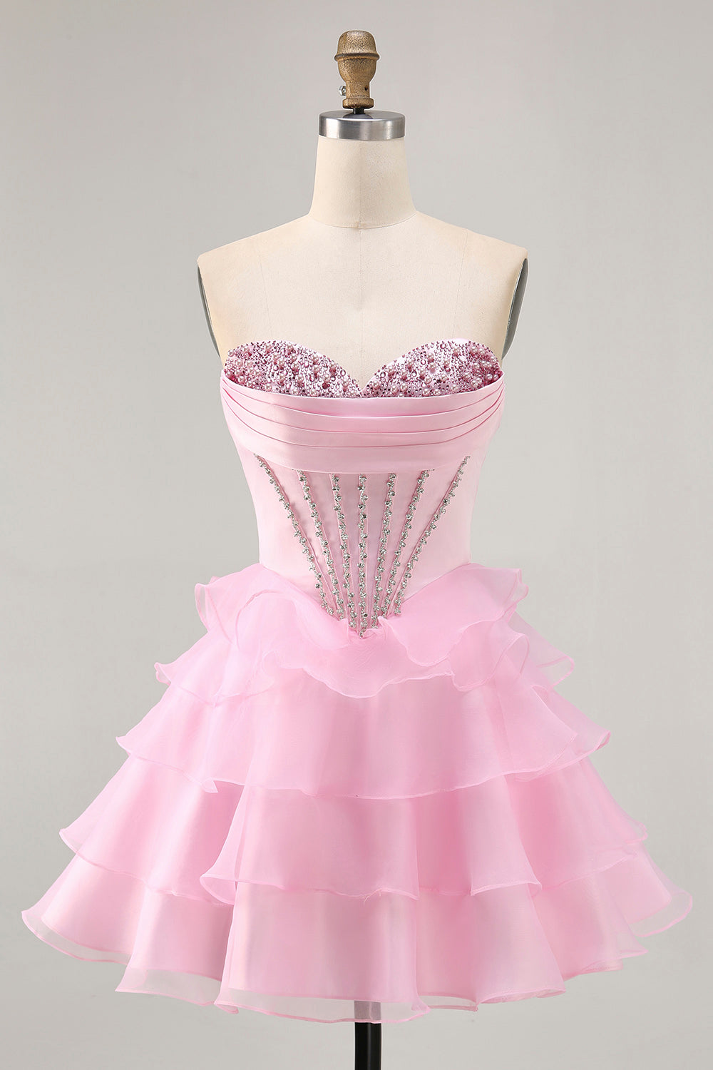 Tiered Beaded A Line Strapless Short Pink Homecoming Dress