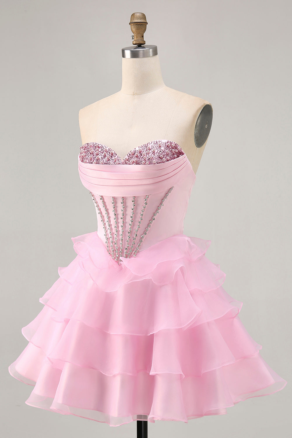 Tiered Beaded A Line Strapless Short Pink Homecoming Dress
