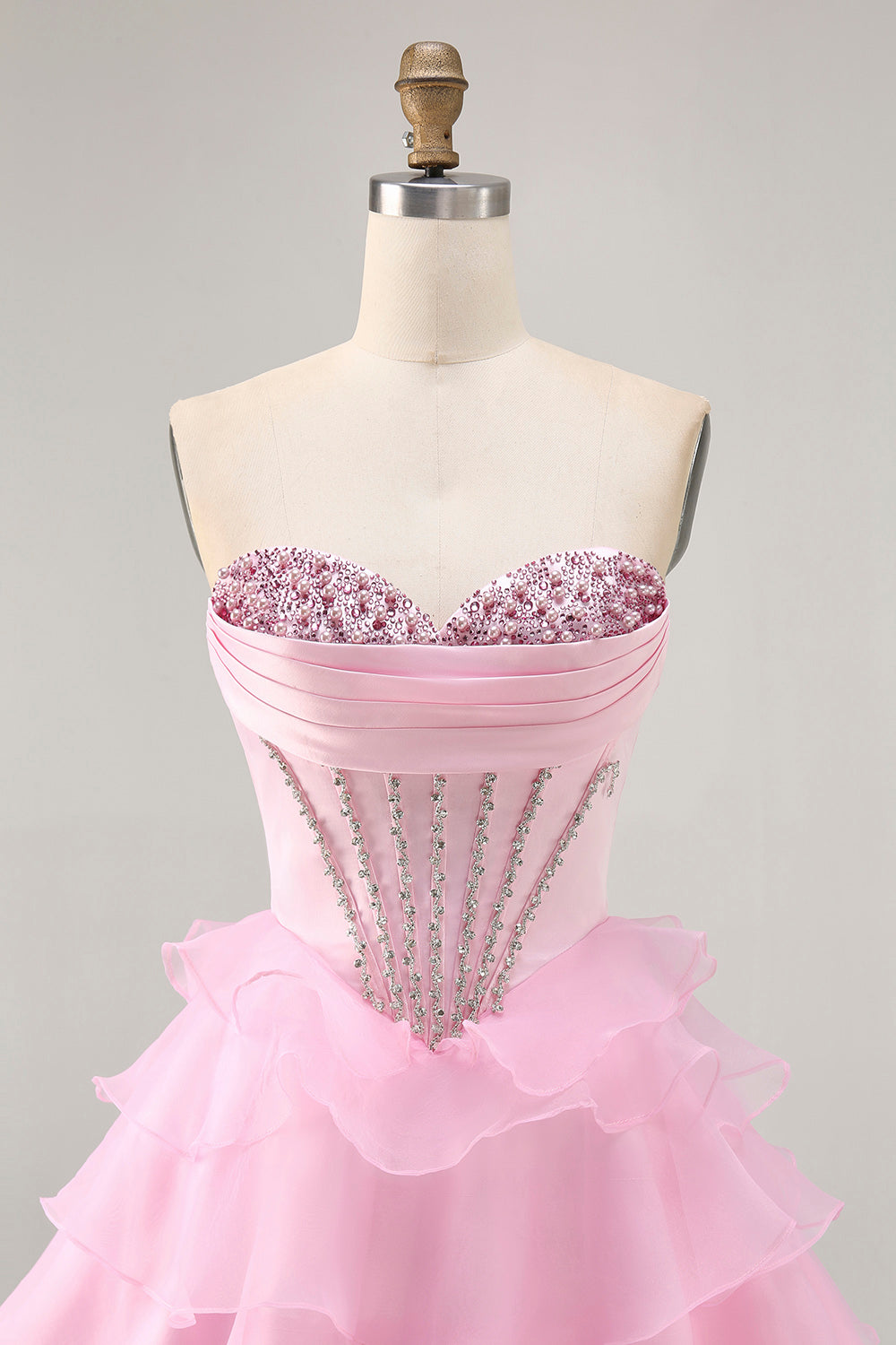 Tiered Beaded A Line Strapless Short Pink Homecoming Dress