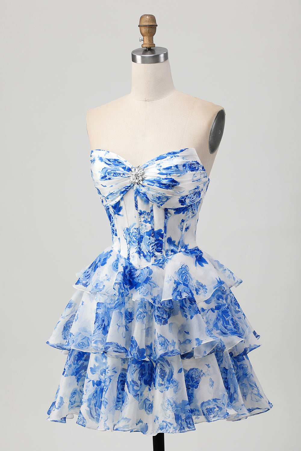 A-Line Strapless Corset Tiered Fuchsia Floral Short Homecoming Dress