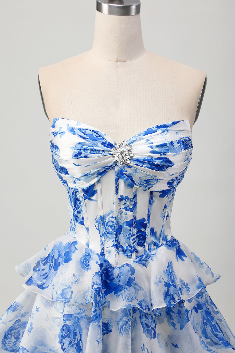 A-Line Strapless Corset Tiered Fuchsia Floral Short Homecoming Dress