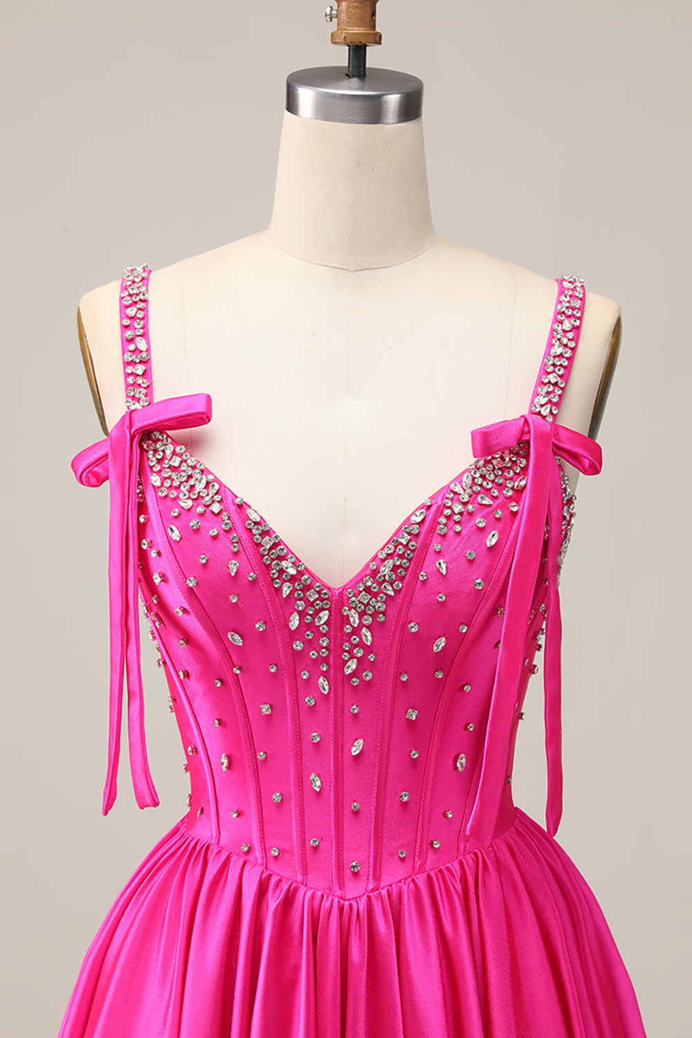 Fuchsia A-Line Corset Satin Homecoming Dress with Rhinestones