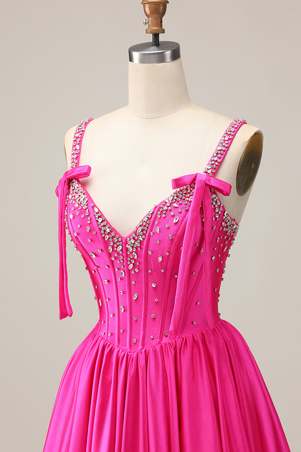 Fuchsia A-Line Corset Satin Homecoming Dress with Rhinestones