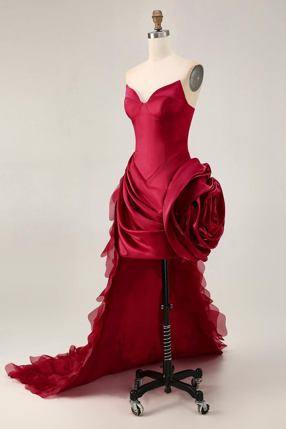 Strapless Ruffled Short Burgundy Homecoming Dress with 3D Flower