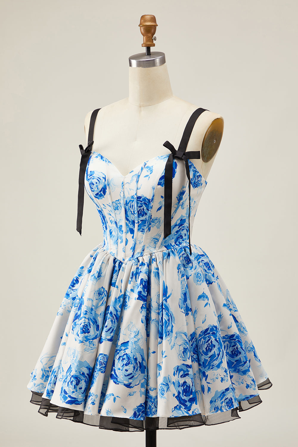 Floral White Blue Corset A Line Short Homecoming Dress