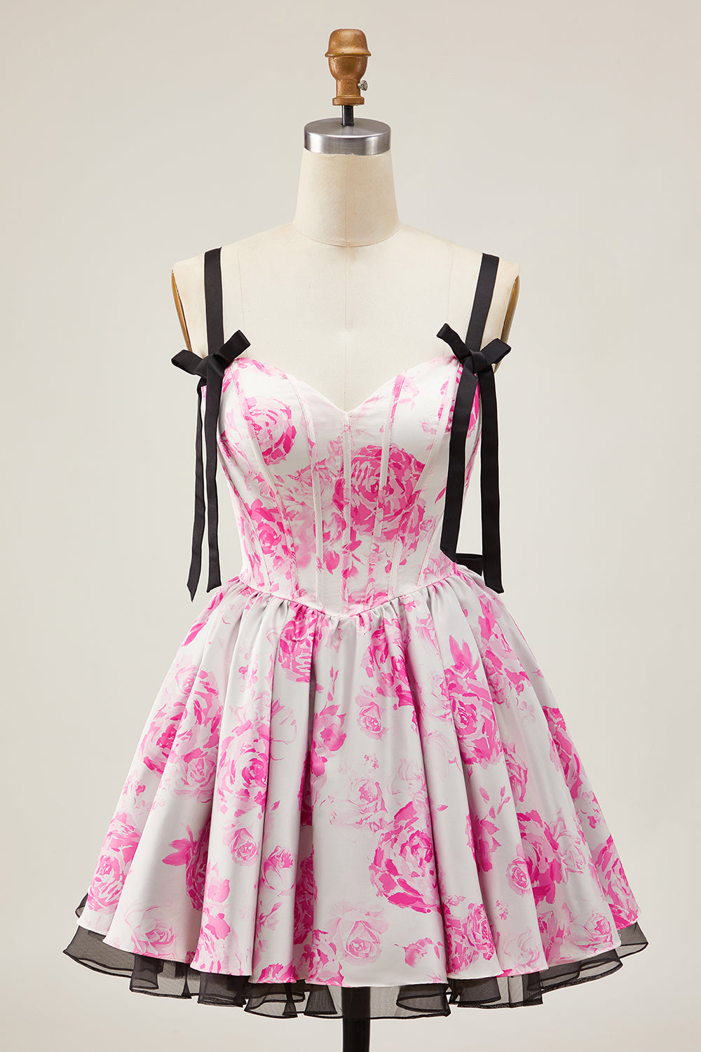 A Line Spaghetti Straps Corset Floral Short Homecoming Dress