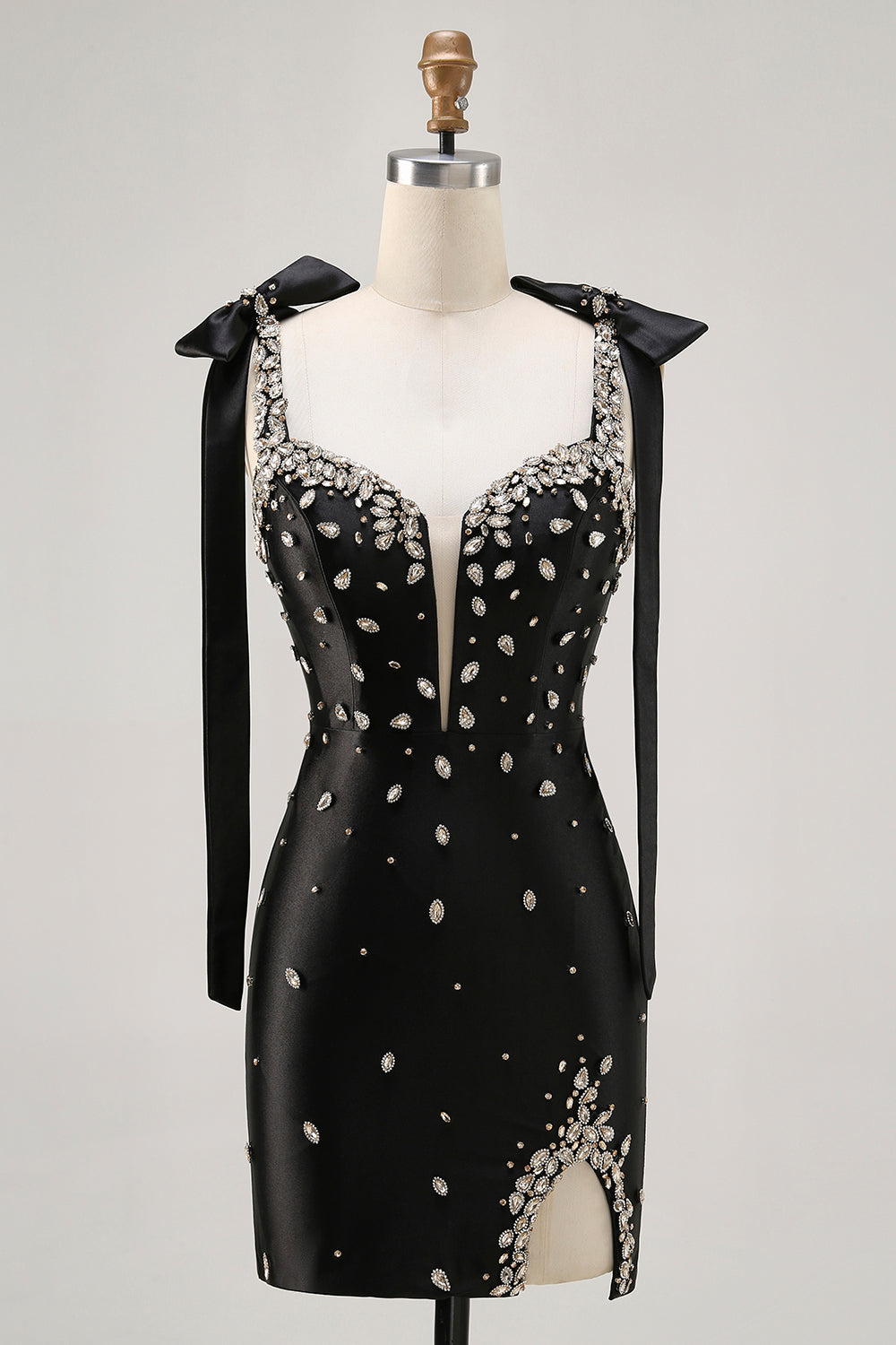 Sparkly Black Spaghetti Straps Tight Rhinestones Short Homecoming Dress with Slit