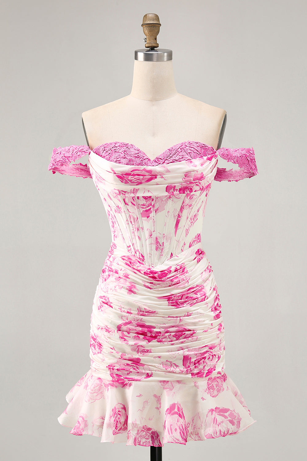 Off the Shoulder Ruffled White Fuchsia Flower Corset Short Homecoming Dress