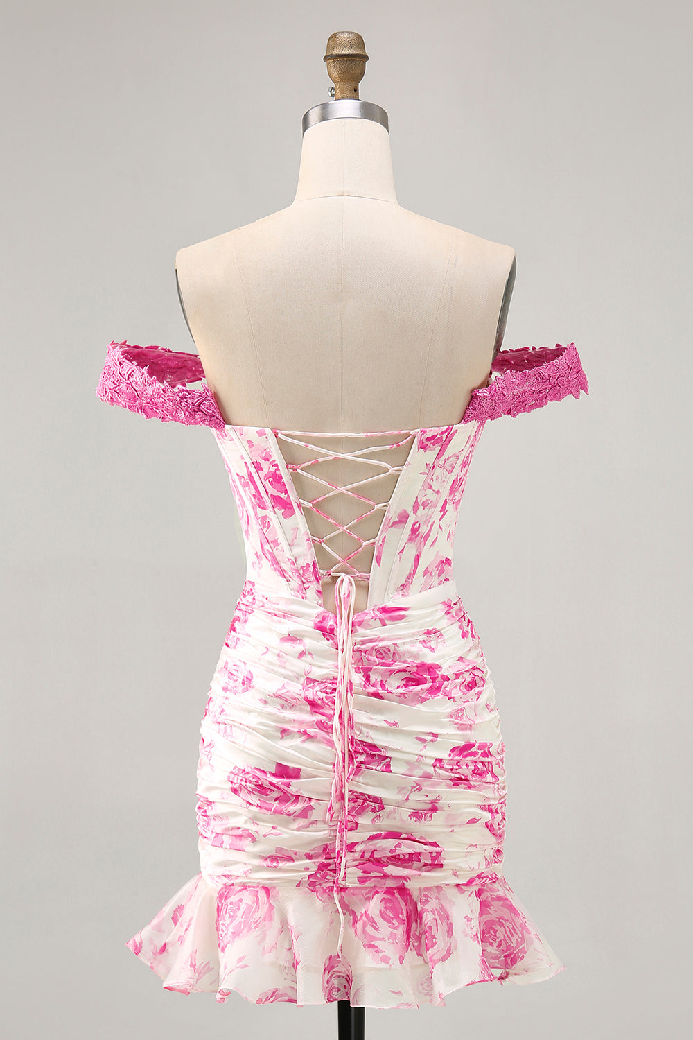 Off the Shoulder Ruffled White Fuchsia Flower Corset Short Homecoming Dress