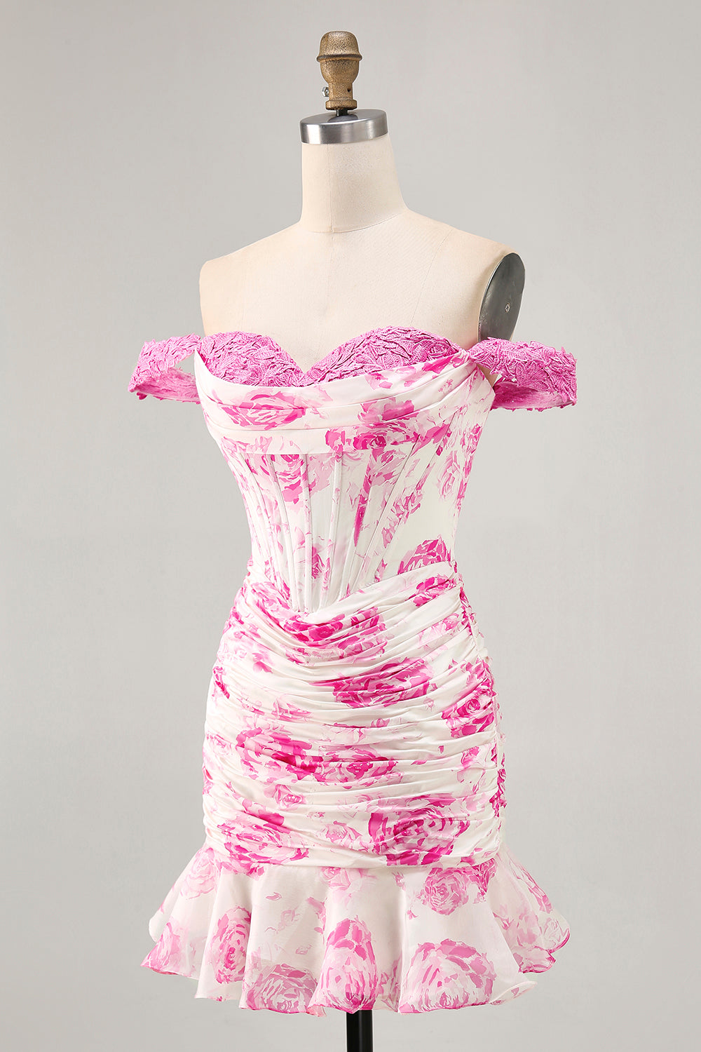 Off the Shoulder Ruffled White Fuchsia Flower Corset Short Homecoming Dress