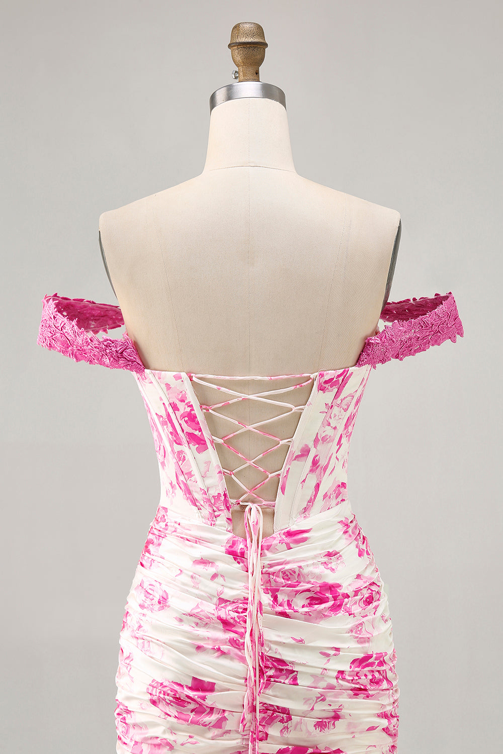 Off the Shoulder Ruffled White Fuchsia Flower Corset Short Homecoming Dress