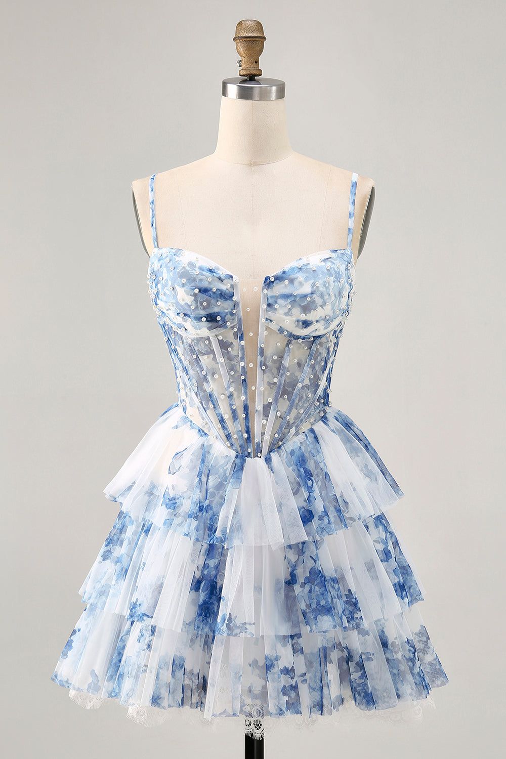 White Blue Flower Tiered Beaded A Line Printed Homecoming Dress