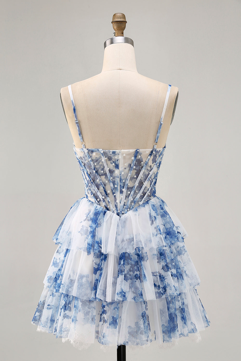 White Blue Flower Tiered Beaded A Line Printed Homecoming Dress
