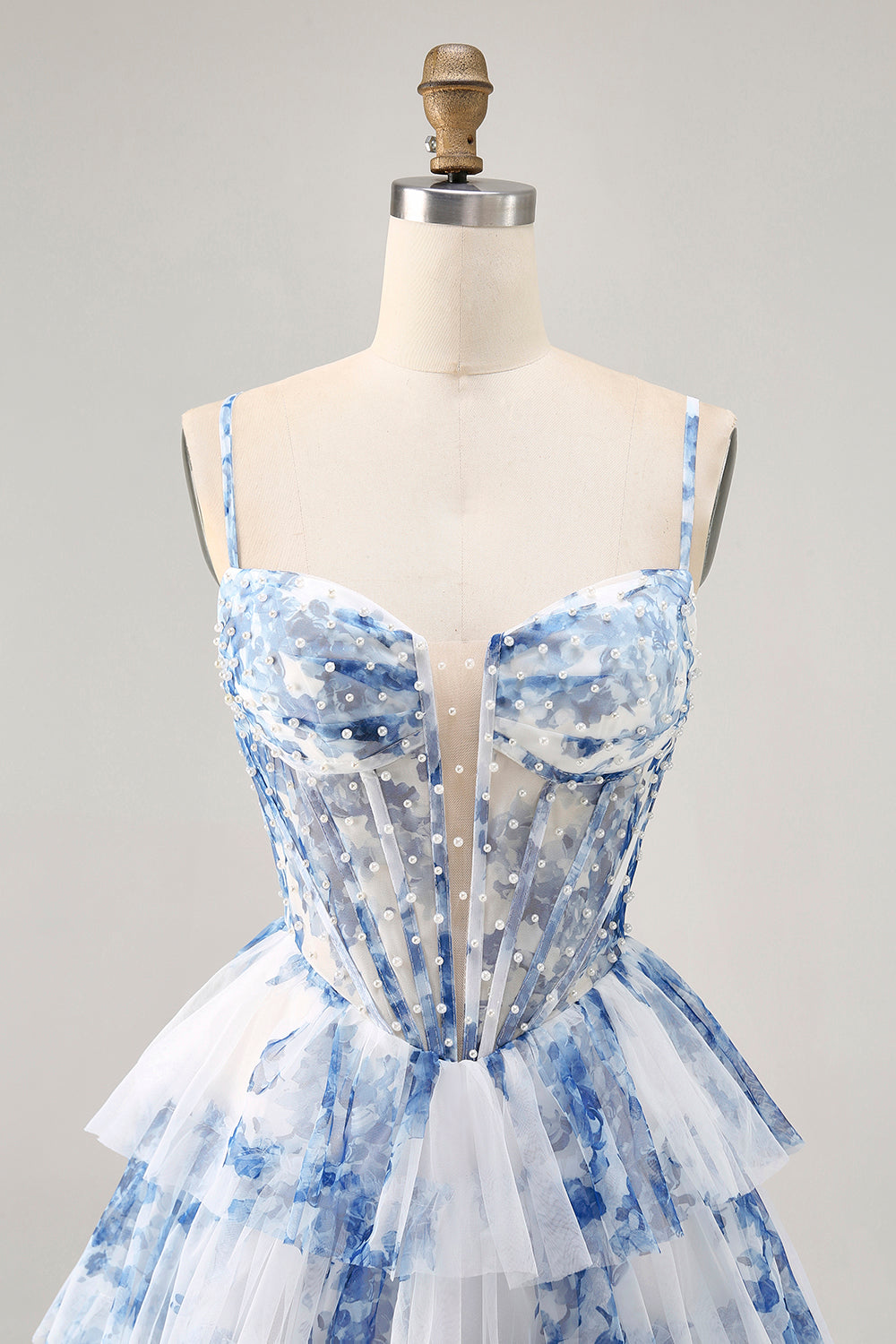 White Blue Flower Tiered Beaded A Line Printed Homecoming Dress