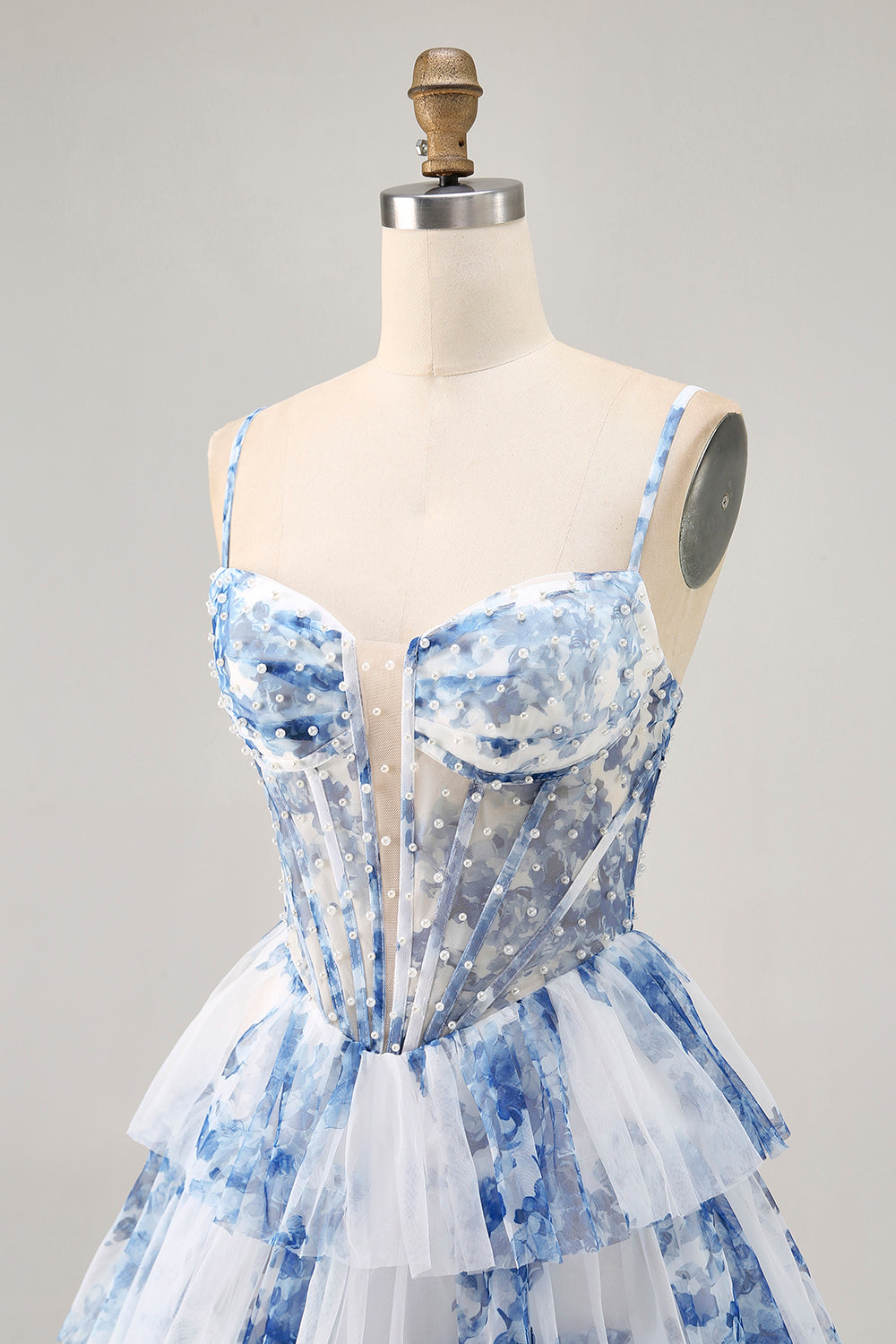 White Blue Flower Tiered Beaded A Line Printed Homecoming Dress