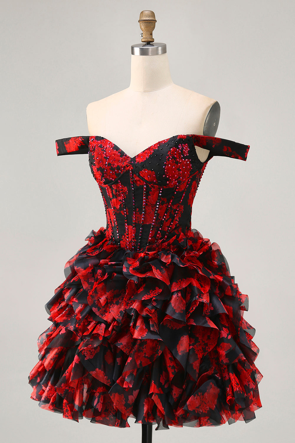 Off The Shoulder Beaded Black Red A Line Ruffled Homecoming Dress