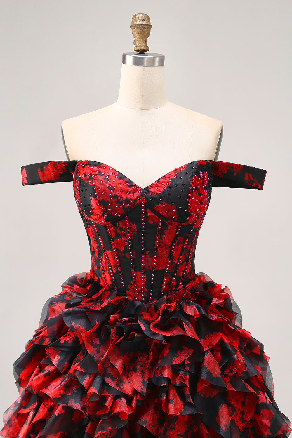 Off The Shoulder Beaded Black Red A Line Ruffled Homecoming Dress