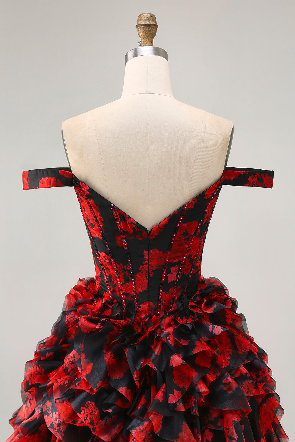 Off The Shoulder Beaded Black Red A Line Ruffled Homecoming Dress