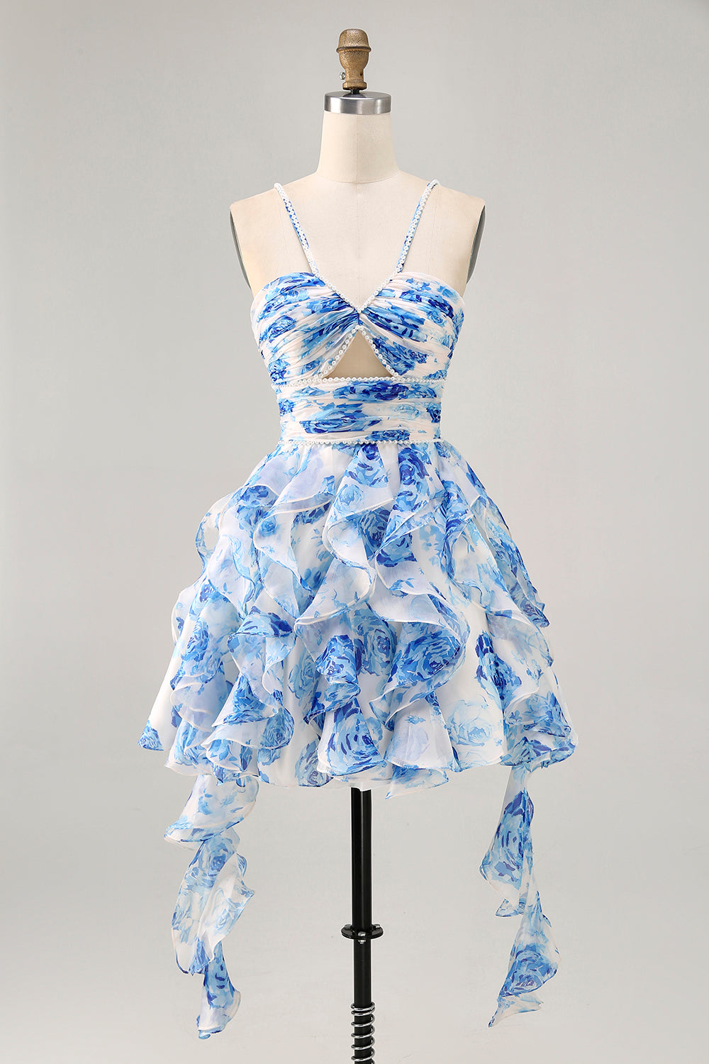 White Fuchsia Flower Halter Tiered Printed Homecoming Dress