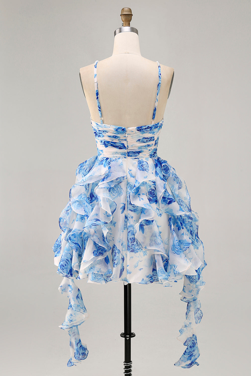 White Fuchsia Flower Halter Tiered Printed Homecoming Dress