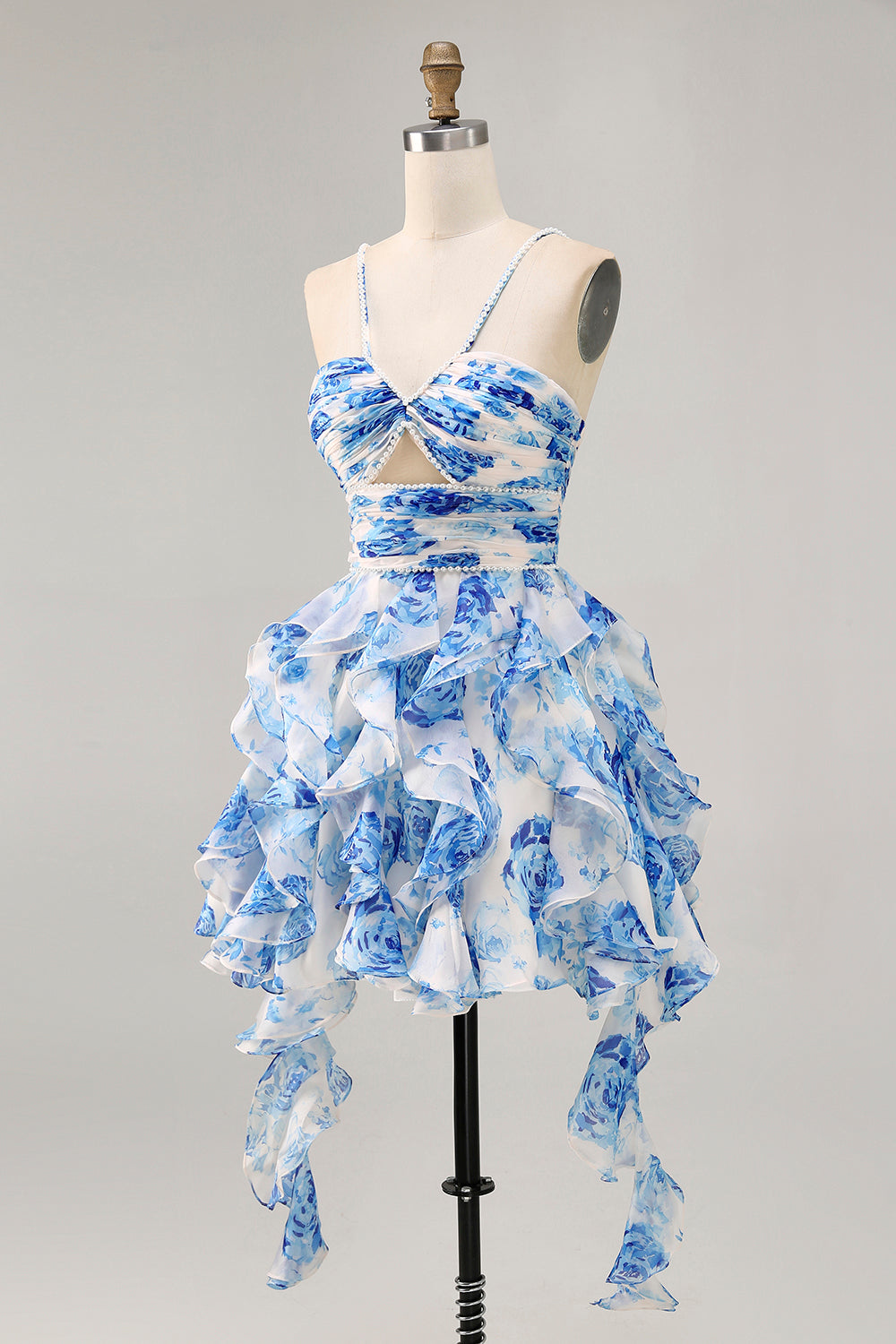 White Fuchsia Flower Halter Tiered Printed Homecoming Dress
