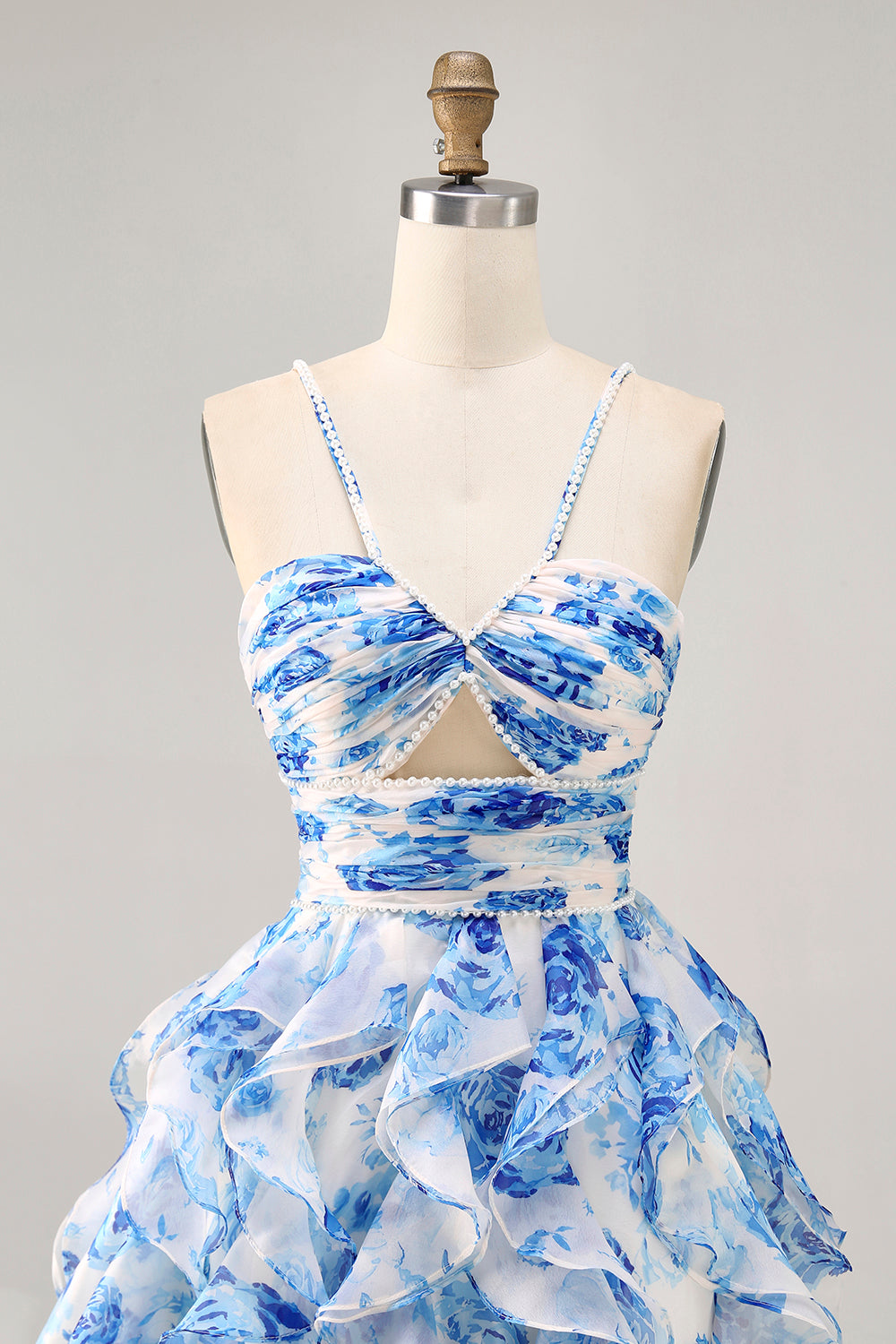White Fuchsia Flower Halter Tiered Printed Homecoming Dress