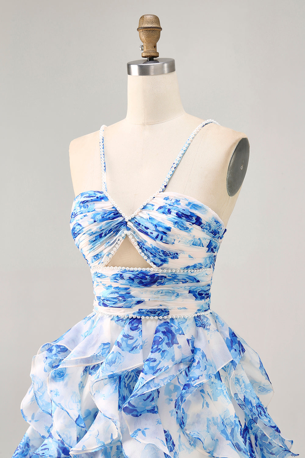 White Fuchsia Flower Halter Tiered Printed Homecoming Dress