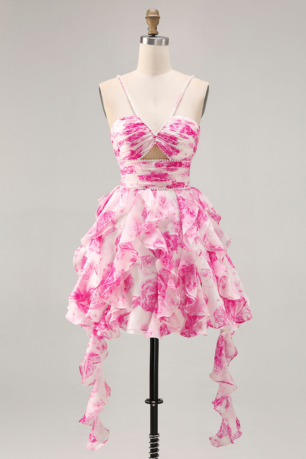 White Fuchsia Flower Halter Tiered Printed Homecoming Dress